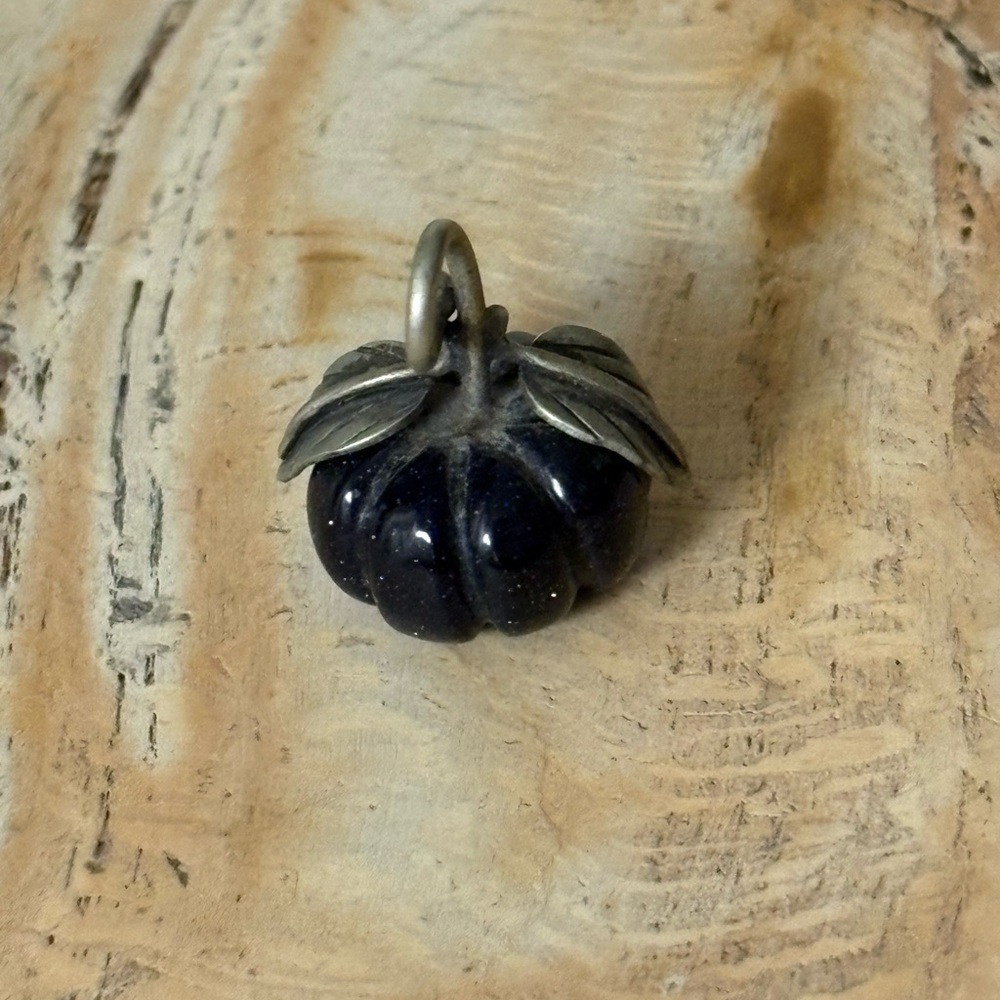 Obsidian Pumpkin Charm Pendant with Silver Leaf Bail